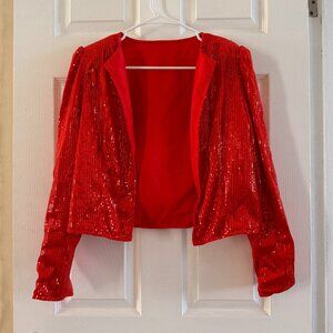 Lady Elegant Sequin Red Long Sleeve Blazer + High West Sequin Long Slit Skirt